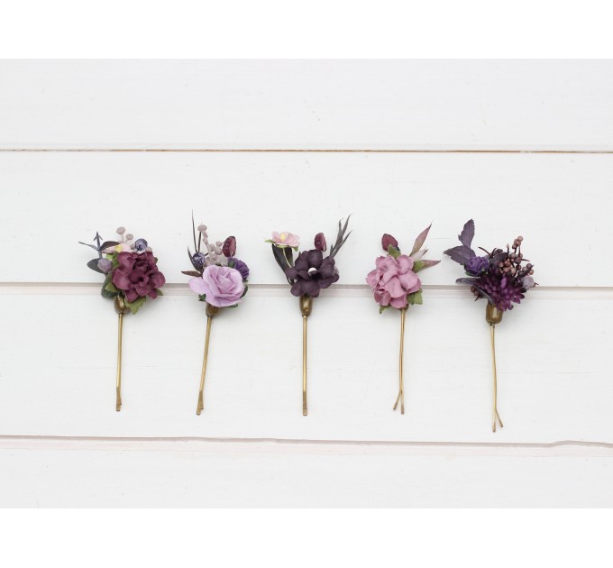  Set of  5 bobby pins in purple lilac color scheme. Hair accessories. Flower accessories for wedding.  5326