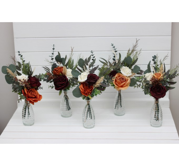 Rust burgundy ivory mini bouquets for vases. Flowers for wedding decor. Centerpiece. 5272