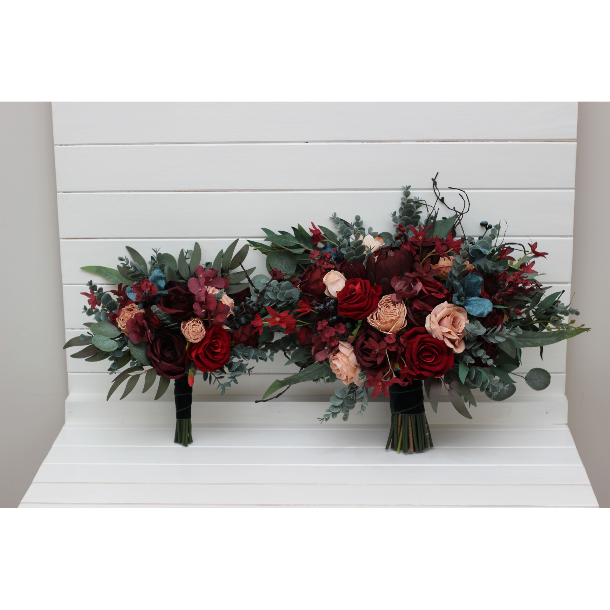 Burgundy & Teal Bridal Bouquet – Faux Wedding Flowers in Red