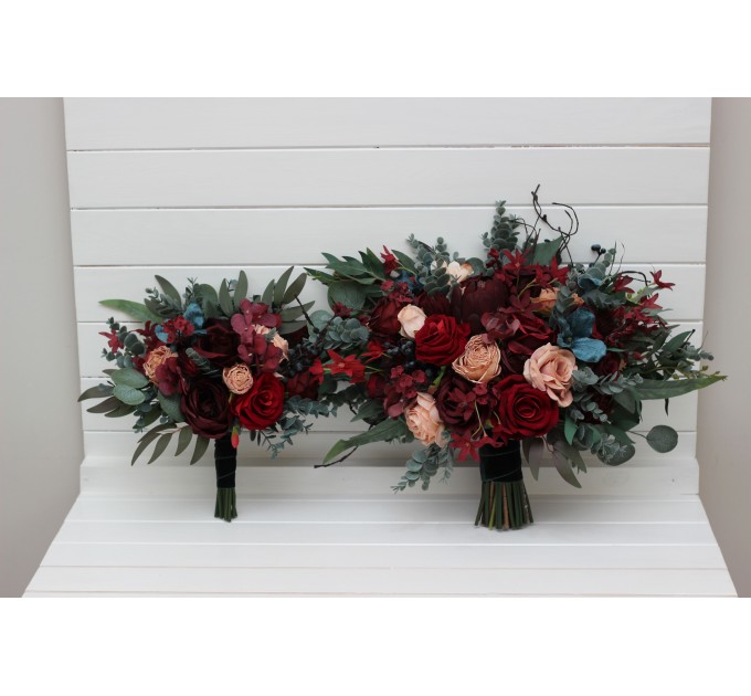 Bouquets in burgundy red beige teal blue color theme. Bridal bouquet. Faux bouquet. Bridesmaid bouquet. 5327