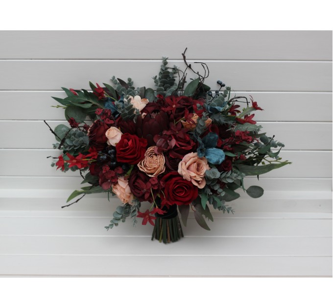 Bouquets in burgundy red beige teal blue color theme. Bridal bouquet. Faux bouquet. Bridesmaid bouquet. 5327