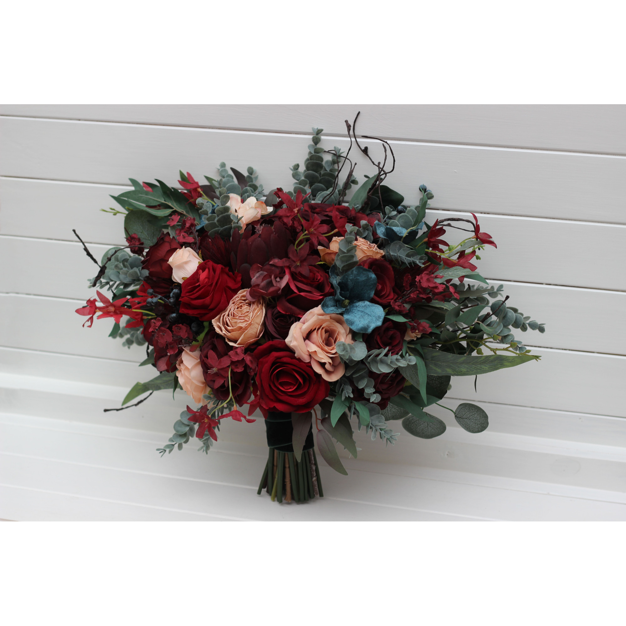 red＆beige bouquet no.347 Burgundy & Teal Bridal Bouquet – Faux Wedding Flowers in Red