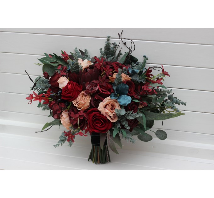 Bouquets in burgundy red beige teal blue color theme. Bridal bouquet. Faux bouquet. Bridesmaid bouquet. 5327