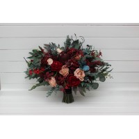 Bouquets in burgundy red beige teal blue color theme. Bridal bouquet. Faux bouquet. Bridesmaid bouquet. 5327