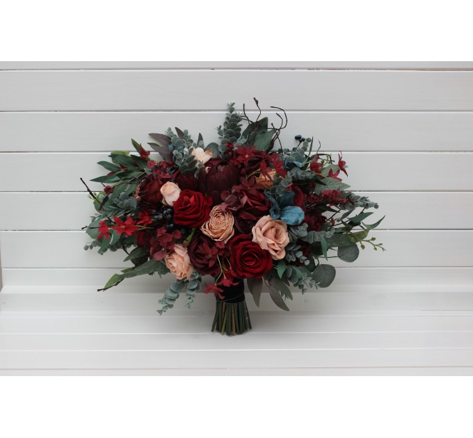 Bouquets in burgundy red beige teal blue color theme. Bridal bouquet. Faux bouquet. Bridesmaid bouquet. 5327