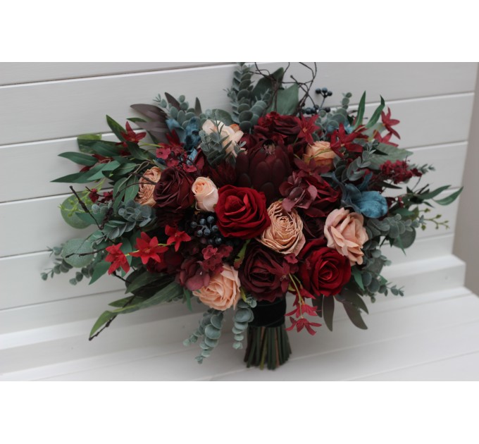 Bouquets in burgundy red beige teal blue color theme. Bridal bouquet. Faux bouquet. Bridesmaid bouquet. 5327