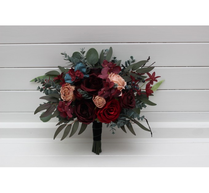 Bouquets in burgundy red beige teal blue color theme. Bridal bouquet. Faux bouquet. Bridesmaid bouquet. 5327