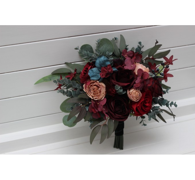 Bouquets in burgundy red beige teal blue color theme. Bridal bouquet. Faux bouquet. Bridesmaid bouquet. 5327