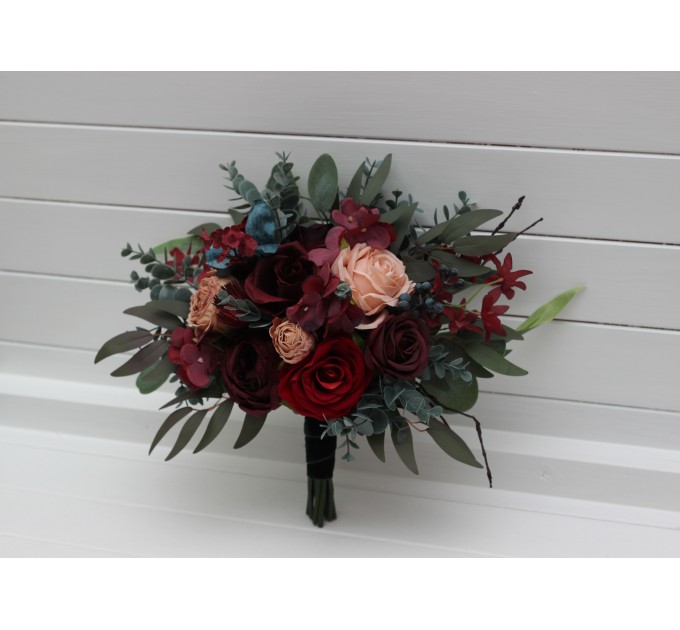 Bouquets in burgundy red beige teal blue color theme. Bridal bouquet. Faux bouquet. Bridesmaid bouquet. 5327