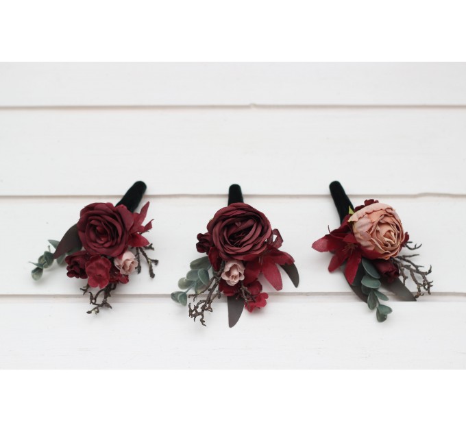  Wedding boutonnieres and wrist corsage  in burgundy beige  color scheme. Flower accessories. 5327