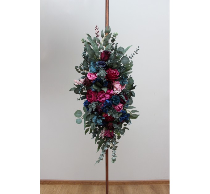  Flower arch arrangement in jewel-tone color scheme. Emerald green purple magenta teal navy blue colors.  Arbor flowers. Floral archway. Faux flowers for wedding arch. 5055