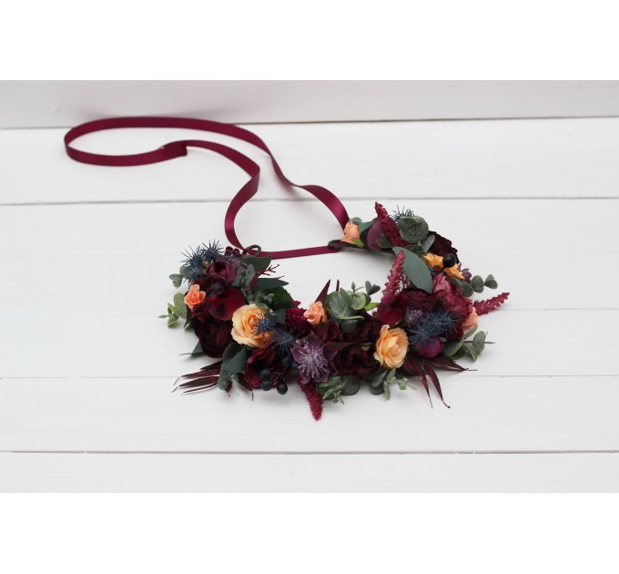 Purple peach burgundy magenta flower crown. Hair wreath. Flower girl crown. Wedding flowers. 5316