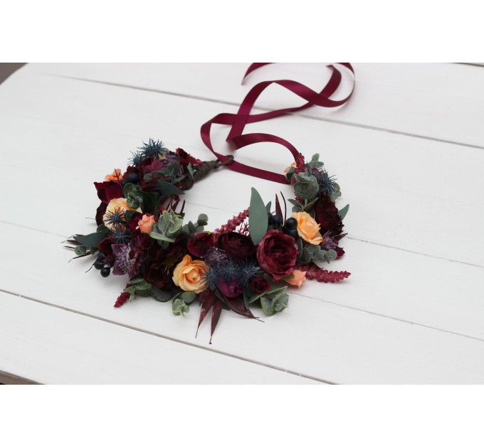 Purple peach burgundy magenta flower crown. Hair wreath. Flower girl crown. Wedding flowers. 5316