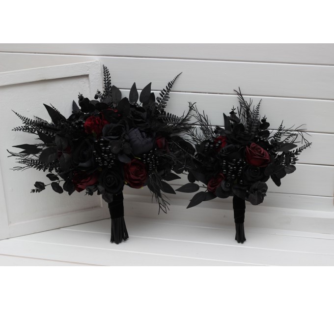 Bouquets in black and burgundy color theme. Bridal bouquet. Faux bouquet. Bridesmaid bouquet. Cascading bouquet. 5325