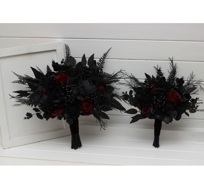 Bouquets in black and burgundy color theme. Bridal bouquet. Faux bouquet. Bridesmaid bouquet. Cascading bouquet. 5325