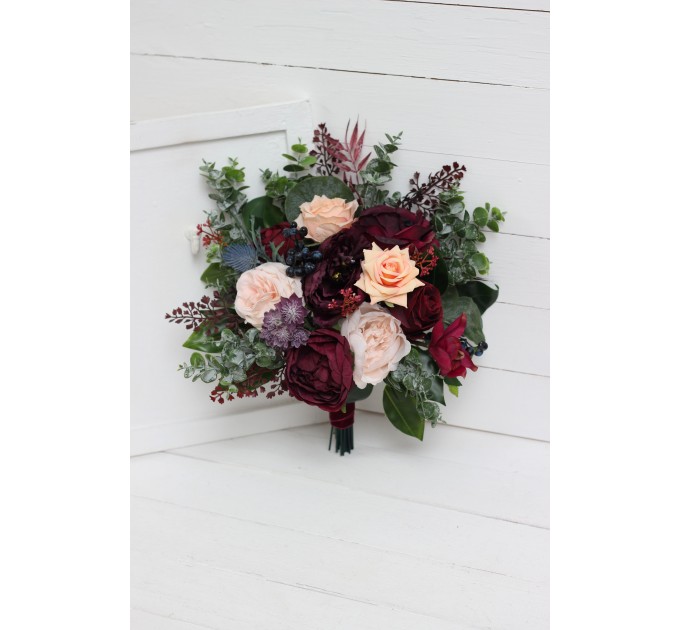 Bouquets in purple peach burgundy magenta color theme. Bridal bouquet. Faux bouquet. Bridesmaid bouquet. 5316