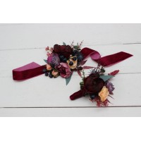  Wedding boutonnieres and wrist corsage  in purple peach burgundy magenta color scheme. Flower accessories. 5316