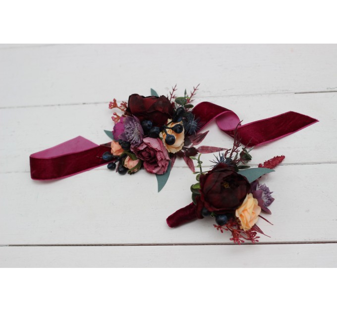  Wedding boutonnieres and wrist corsage  in purple peach burgundy magenta color scheme. Flower accessories. 5316