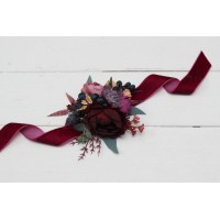  Wedding boutonnieres and wrist corsage  in purple peach burgundy magenta color scheme. Flower accessories. 5316