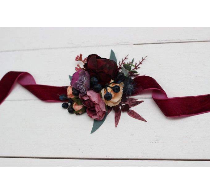  Wedding boutonnieres and wrist corsage  in purple peach burgundy magenta color scheme. Flower accessories. 5316