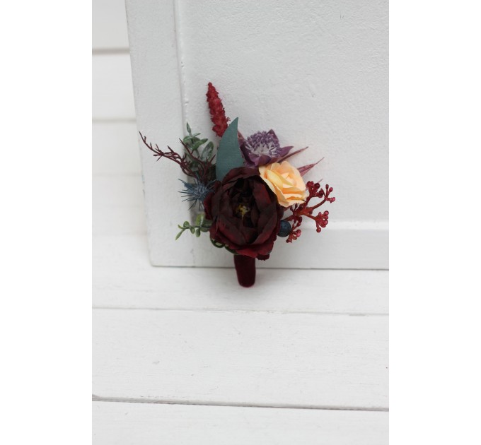  Wedding boutonnieres and wrist corsage  in purple peach burgundy magenta color scheme. Flower accessories. 5316