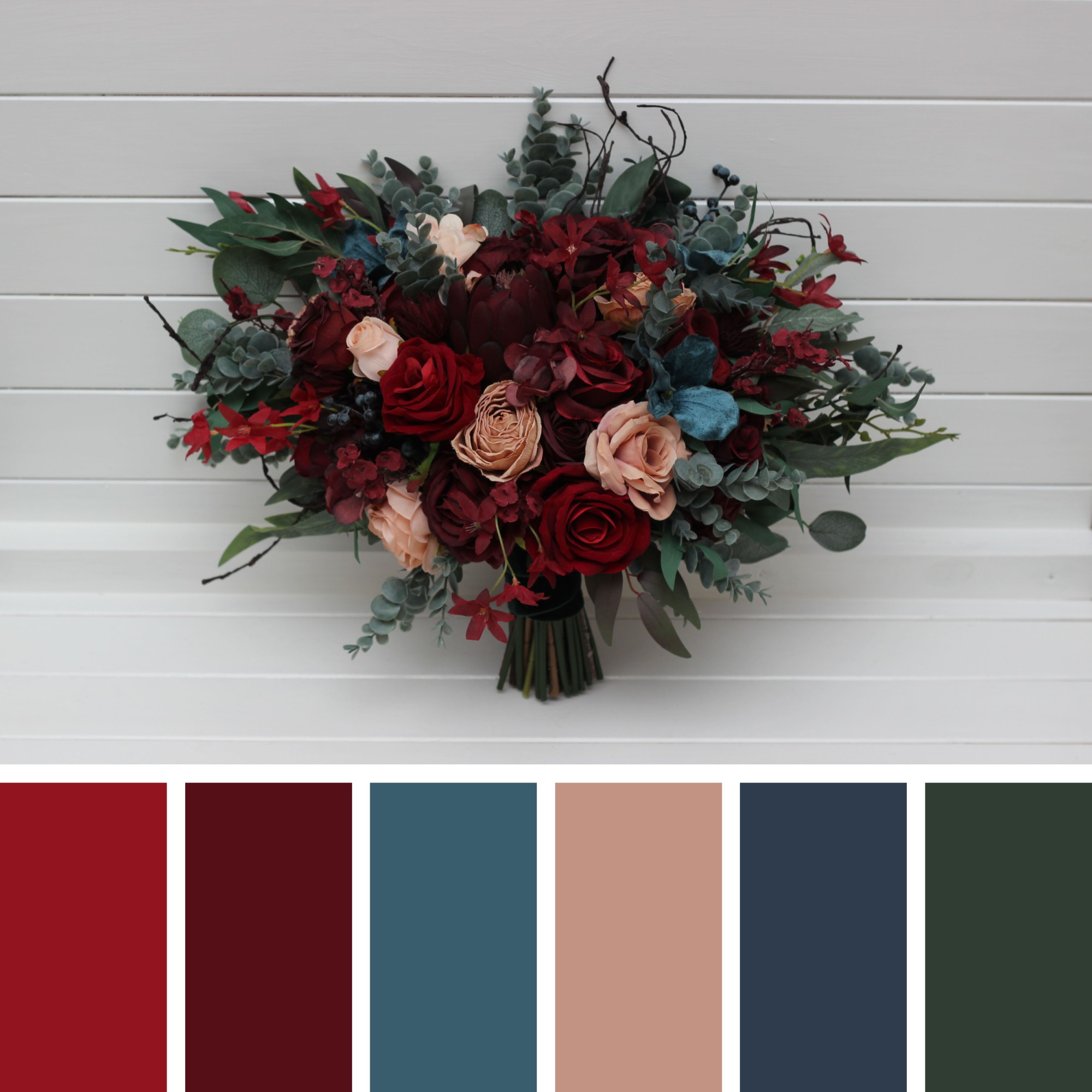 Burgundy & Teal Bridal Bouquet – Faux Wedding Flowers in Red