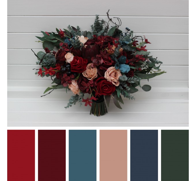 Bouquets in burgundy red beige teal blue color theme. Bridal bouquet. Faux bouquet. Bridesmaid bouquet. 5327