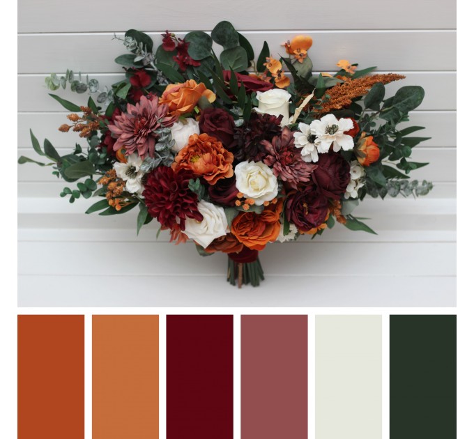 Bouquets in burnt orange burgundy cream color theme. Bridal bouquet. Faux bouquet. Bridesmaid bouquet. 5323