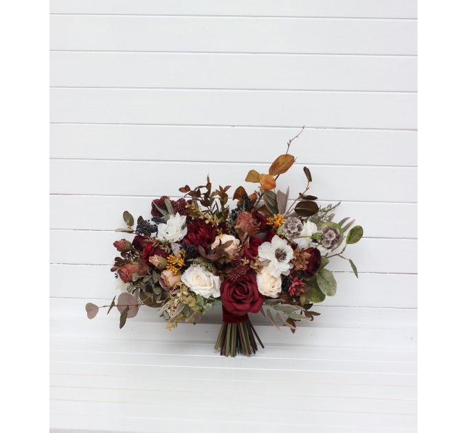 Cascade bouquet. Burgundy ivory white brown flowers. Bridal bouquet. Faux bouquet. Fall wedding bouquet. Silk flowers. Boho wedding. Brown oliva greenery. Bridal bouquet. Faux bouquet. Bridesmaid bouquet. 5310