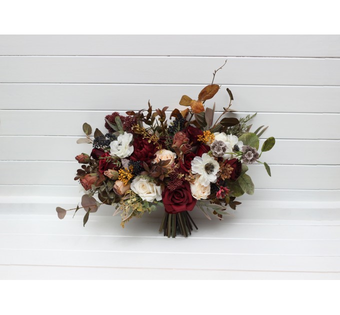 Cascade bouquet. Burgundy ivory white brown flowers. Bridal bouquet. Faux bouquet. Fall wedding bouquet. Silk flowers. Boho wedding. Brown oliva greenery. Bridal bouquet. Faux bouquet. Bridesmaid bouquet. 5310