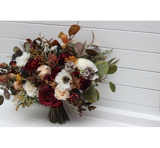 Cascade bouquet. Burgundy ivory white brown flowers. Bridal bouquet. Faux bouquet. Fall wedding bouquet. Silk flowers. Boho wedding. Brown oliva greenery. Bridal bouquet. Faux bouquet. Bridesmaid bouquet. 5310