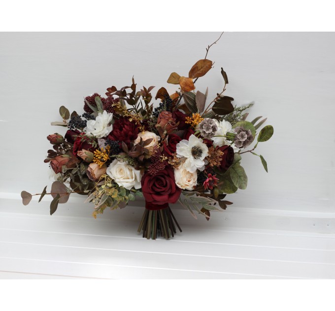 Cascade bouquet. Burgundy ivory white brown flowers. Bridal bouquet. Faux bouquet. Fall wedding bouquet. Silk flowers. Boho wedding. Brown oliva greenery. Bridal bouquet. Faux bouquet. Bridesmaid bouquet. 5310