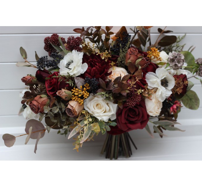 Cascade bouquet. Burgundy ivory white brown flowers. Bridal bouquet. Faux bouquet. Fall wedding bouquet. Silk flowers. Boho wedding. Brown oliva greenery. Bridal bouquet. Faux bouquet. Bridesmaid bouquet. 5310