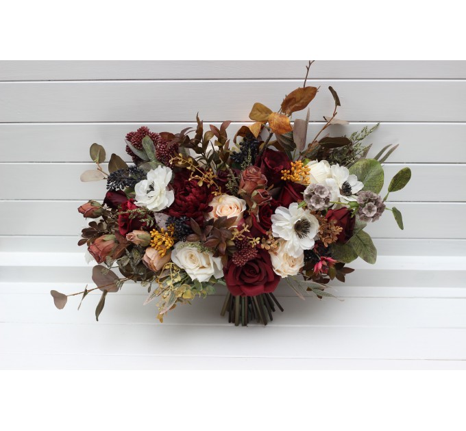 Cascade bouquet. Burgundy ivory white brown flowers. Bridal bouquet. Faux bouquet. Fall wedding bouquet. Silk flowers. Boho wedding. Brown oliva greenery. Bridal bouquet. Faux bouquet. Bridesmaid bouquet. 5310