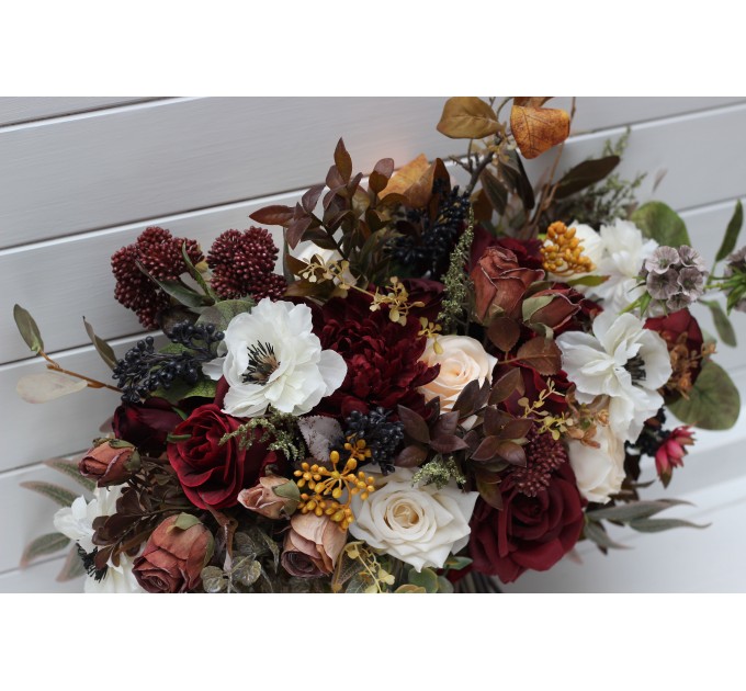 Cascade bouquet. Burgundy ivory white brown flowers. Bridal bouquet. Faux bouquet. Fall wedding bouquet. Silk flowers. Boho wedding. Brown oliva greenery. Bridal bouquet. Faux bouquet. Bridesmaid bouquet. 5310