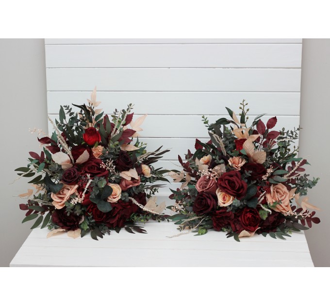 Standing flowers in red burgundy dusty rose peach color scheme. Aisle flowers. Wedding decorations. Floor flowers. 0501