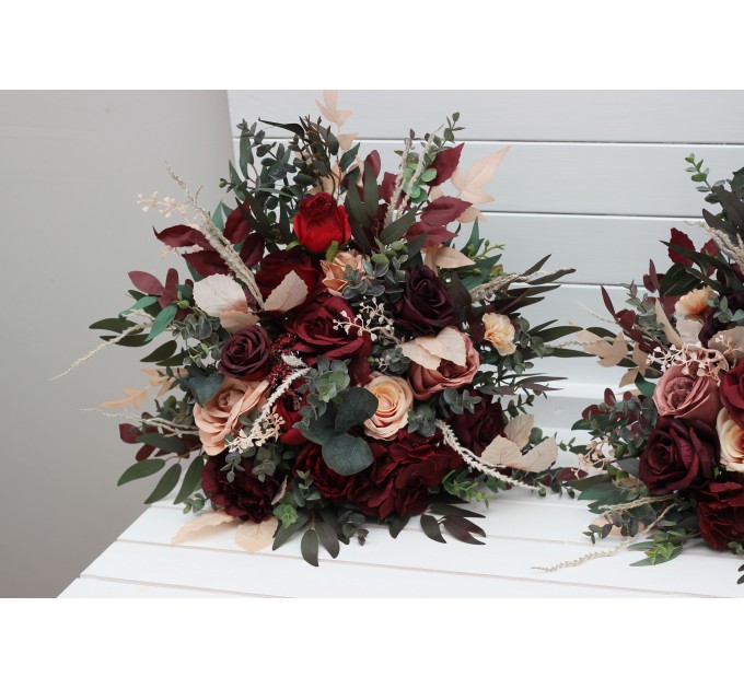 Standing flowers in red burgundy dusty rose peach color scheme. Aisle flowers. Wedding decorations. Floor flowers. 0501