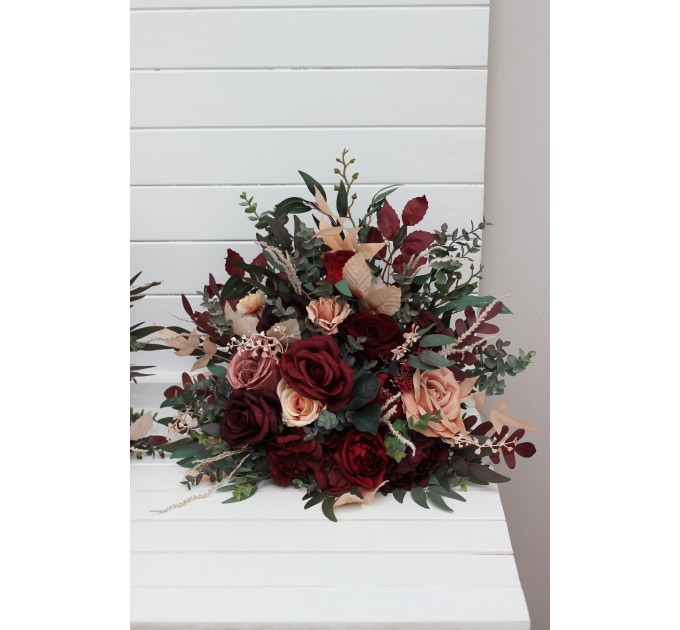 Standing flowers in red burgundy dusty rose peach color scheme. Aisle flowers. Wedding decorations. Floor flowers. 0501