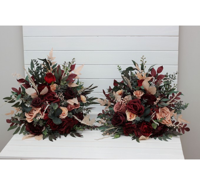 Standing flowers in red burgundy dusty rose peach color scheme. Aisle flowers. Wedding decorations. Floor flowers. 0501