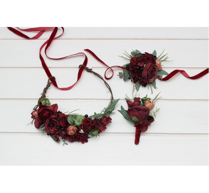  Wedding boutonnieres and wrist corsage  in burgundy dusty rosecolor scheme. Flower accessories. 5329