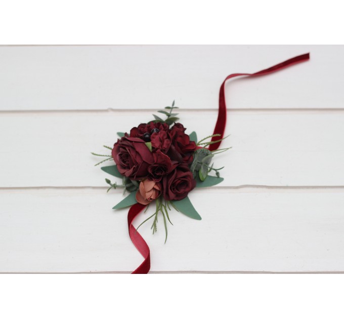  Wedding boutonnieres and wrist corsage  in burgundy dusty rosecolor scheme. Flower accessories. 5329