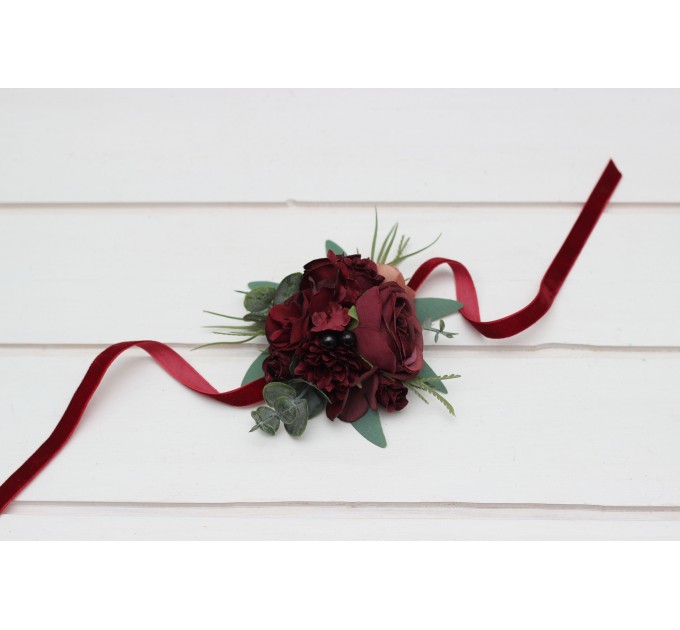  Wedding boutonnieres and wrist corsage  in burgundy dusty rosecolor scheme. Flower accessories. 5329