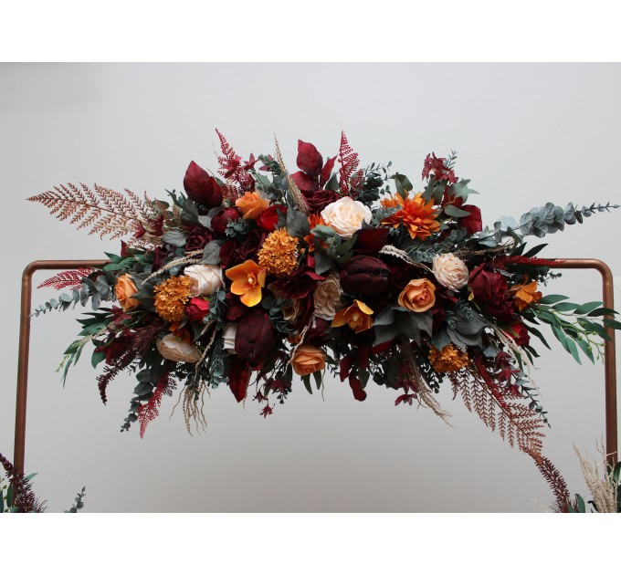  Flower arch arrangement in burnt orange red burgundy colors.  Arbor flowers. Floral archway. Faux flowers for wedding arch. 5103