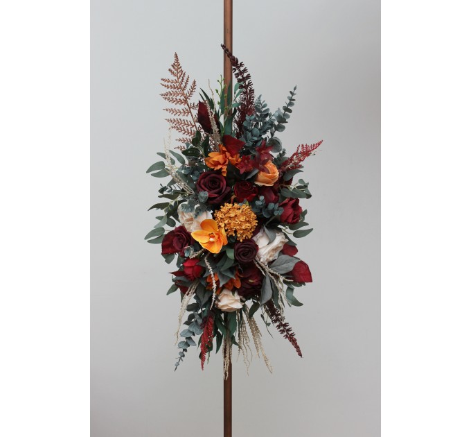  Flower arch arrangement in burnt orange red burgundy colors.  Arbor flowers. Floral archway. Faux flowers for wedding arch. 5103