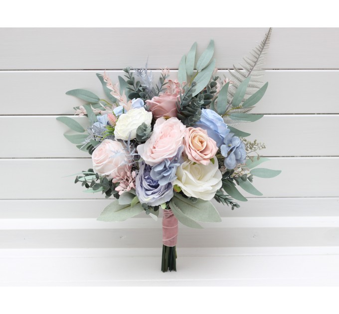 Wedding bouquets in dusty blue blush pink white colors. Bridal bouquet. Cascading bouquet. Faux bouquet. Bridesmaid bouquet. 0509-1