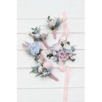  Wedding boutonnieres  in dusty blue blush pink white color scheme. Flower accessories. 0509-1