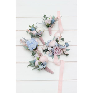  Wedding boutonnieres  in dusty blue blush pink white color scheme. Flower accessories. 0509-1