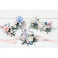  Wedding boutonnieres  in dusty blue blush pink white color scheme. Flower accessories. 0509-1