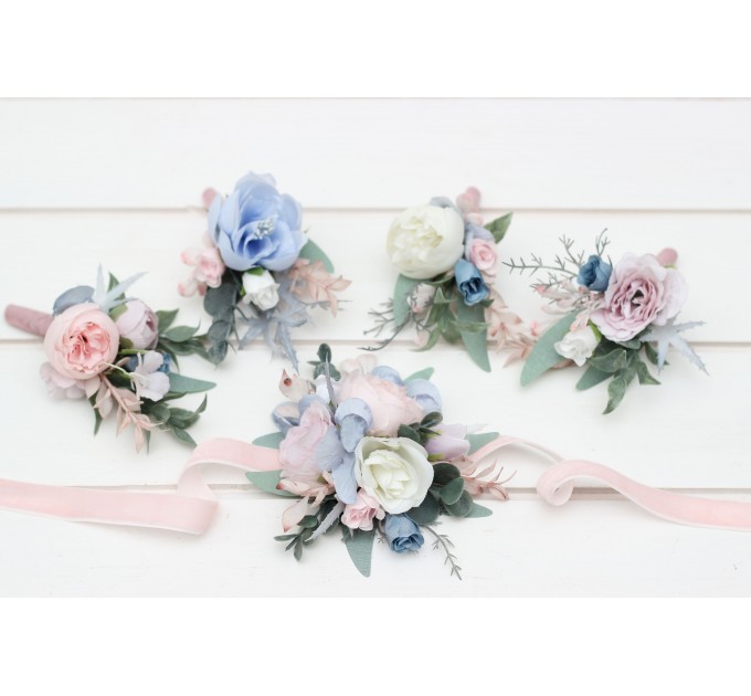  Wedding boutonnieres  in dusty blue blush pink white color scheme. Flower accessories. 0509-1