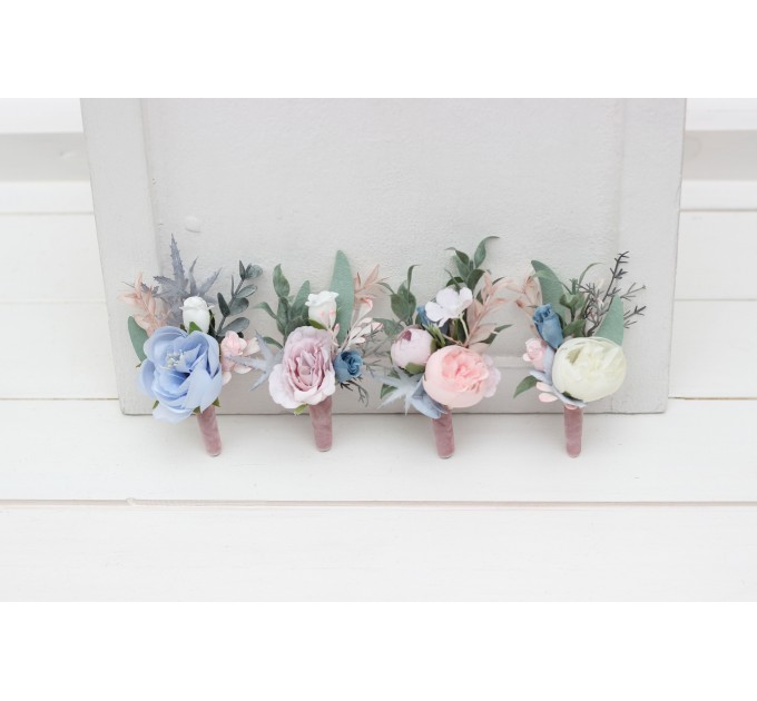  Wedding boutonnieres  in dusty blue blush pink white color scheme. Flower accessories. 0509-1